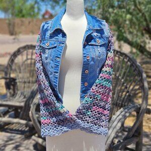 Boho Denim Jean Jacket with Crochet Bell Sleeves